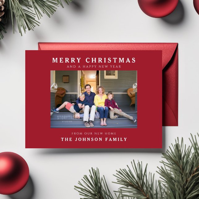 Nouvelle carte de Noël photo rouge pour nouvelle m (New Home Red Merry Christmas Photo Holiday Card)