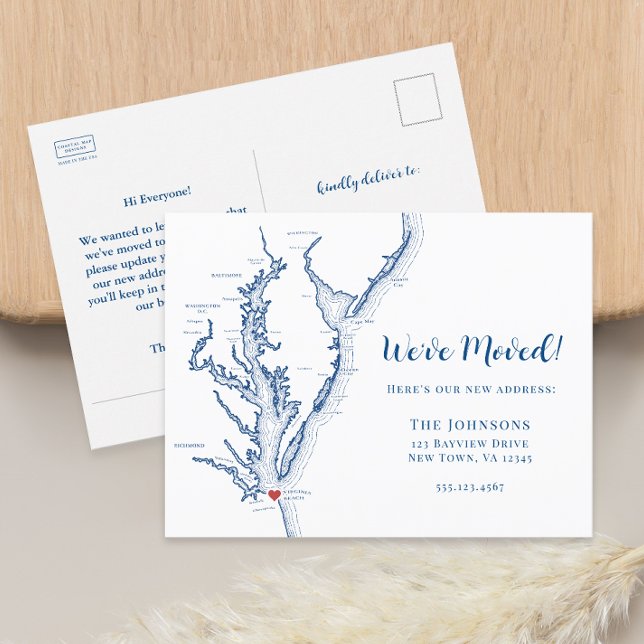 Nouvelle carte de Virginia Beach pour un déménagem (Virginia Beach Change of Address Moving Announcement Postcard with Chesapeake Bay Map)