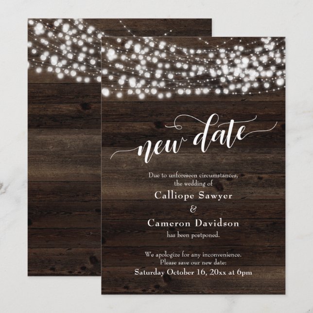 Nouvelle Date Bois & Lumières Carte Mariage report (Devant / Derrière)