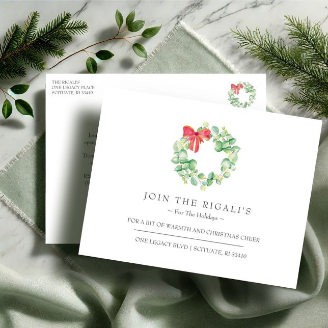 Nouvelle Maison Pour Les Fêtes Invitations De Noël (Christmas party invitations postcard open house watercolor wreath Victoria Grigaliunas VG Invites)