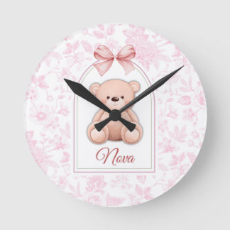 Nova | Benutzerdefiniertes rosa Teddy-Bär-Kinderzi Runde Wanduhr