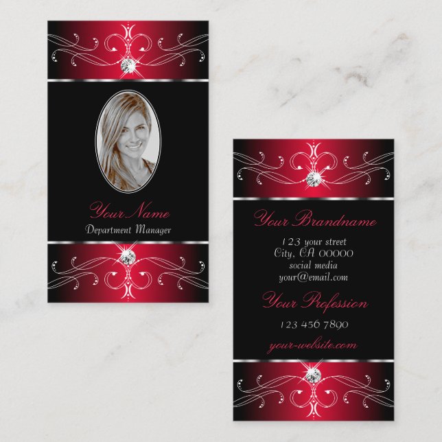 Novelty Black Red Verziert Ornaments Jewels Foto Visitenkarte (Vorne/Hinten)