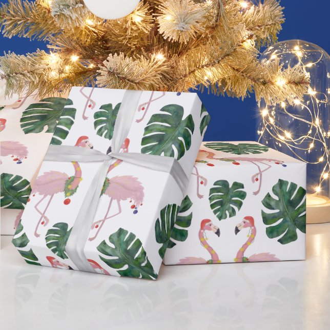 Novelty Pink Santa Flamingo Green Weihnachtsfeiert Geschenkpapier (Feiertage)