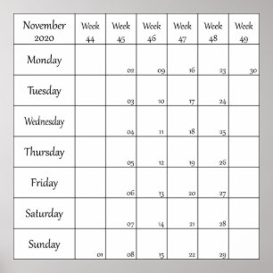 November 2020 Planer Kalender mit Wochennummer Poster