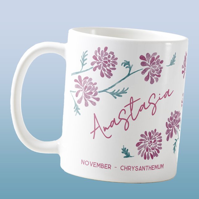 November Birth Flower Custom Name Chrysanthemum Kaffeetasse (Birth Month Flower November birthday personalized custom name watercolor botanical art coffee mug)