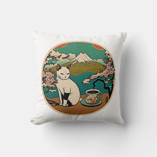 Nr. 01, Happy Hawaiian Lucky Cat Drinking Coffee Kissen (Vorderseite)