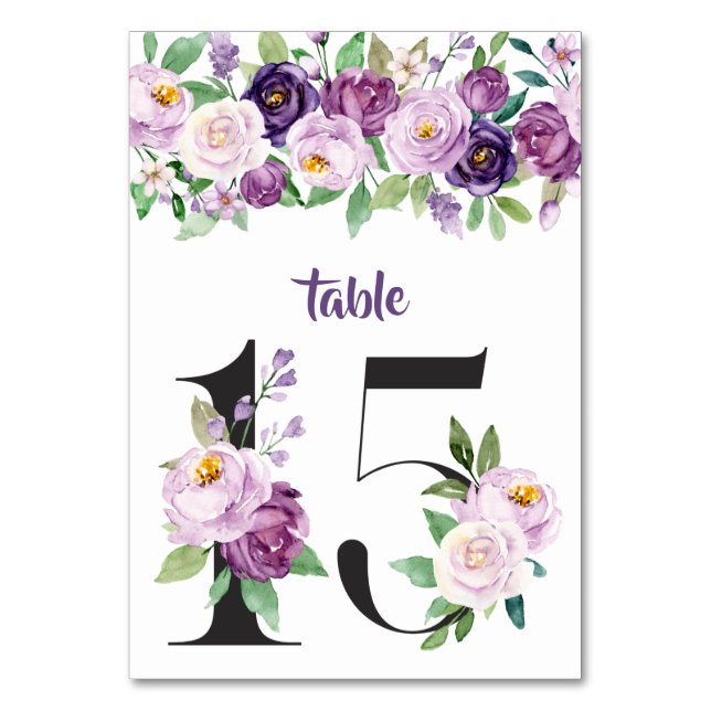 Nr. 15 Lila und Lavender Watercolor-Rose Tischnummer (Vorderseite)
