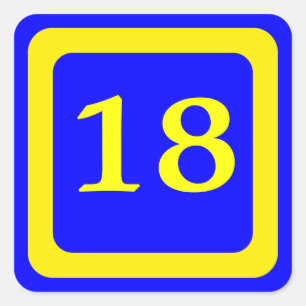 Nr. 18, blauer Hintergrund, gelber Rahmen Quadratischer Aufkleber