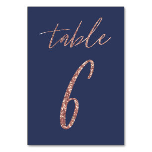 Nr. 6 - Glam Glitzer Rose Gold und Blue Wedding Tischnummer