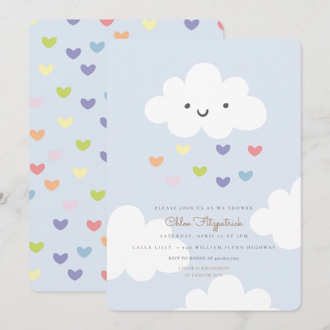Nuages Baby shower Invitation Bleu (Devant / Derrière)