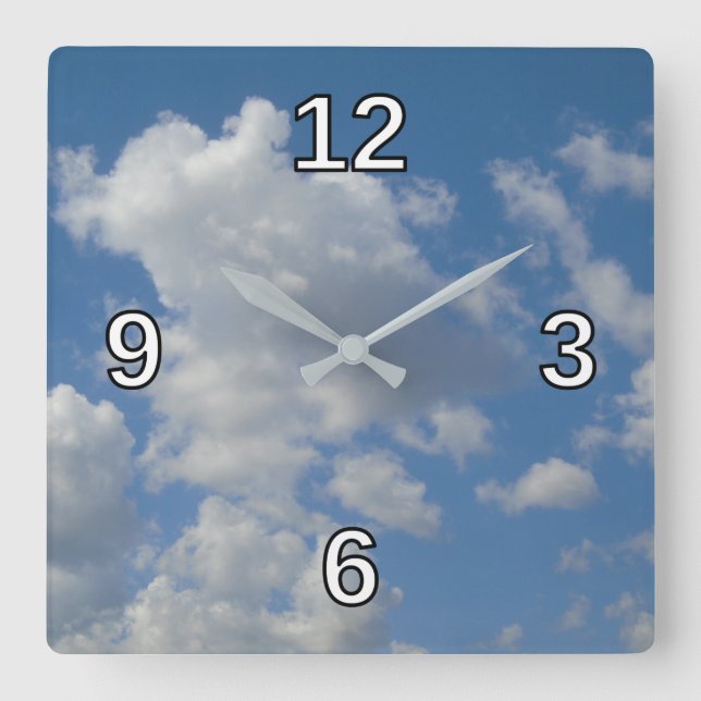 Nuages blancs/gris et horloge Carré ciel bleu (Recto)