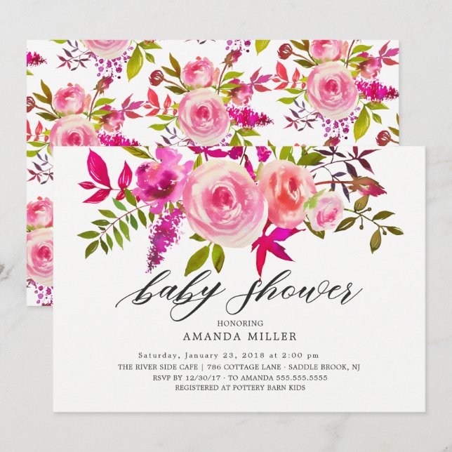 Nuances de rose Baby shower floral Invitation (Devant / Derrière)
