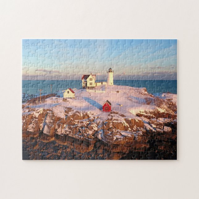 Nubble Light Aerial Snowy Maine Lighthouse (Horizontal)