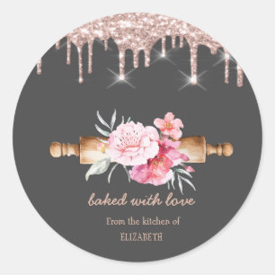 Nudelholz Blumen Roségold Tropfen Bäckerei Runder Aufkleber