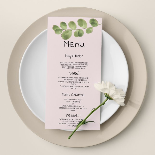 Nudeln, rosa, goldfarbene Eukalyptusblätter, Hochz Programm (Pastel pink mint gold eucalyptus leaf Wedding Menu)