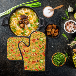 Nudeln und farbiges Gemüse, orange Ofenhandschuh & Topflappen-Set