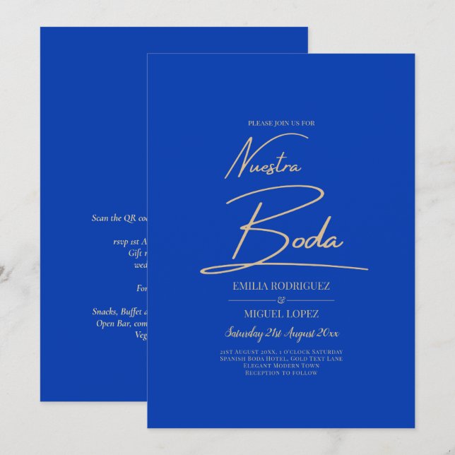 NUESTRA BODA Blue Monochrome Wedding NVITE Einladung (Vorne/Hinten)