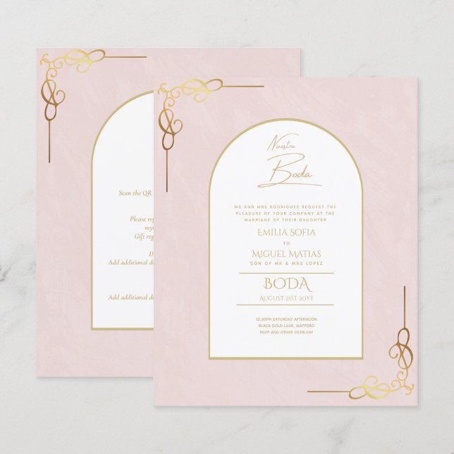 Nuestra Boda Budget Gold Akzent Bilingual Einladun (Vorne/Hinten)