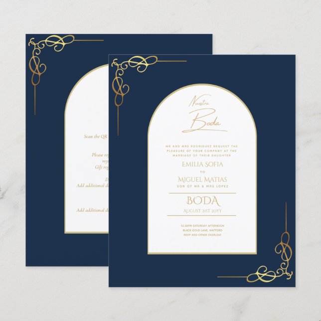 Nuestra Boda Budget Gold Akzent Bilingual Einladun (Vorne/Hinten)