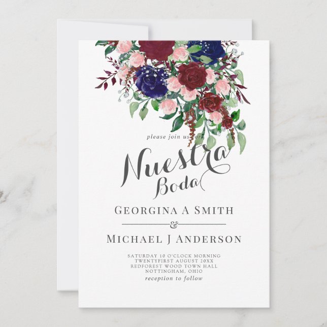 Nuestra Boda- Burgund Blue Spanish Wedite Einladung (Vorderseite)
