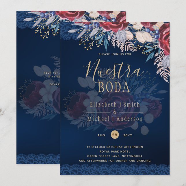 Nuestra Boda Burgundy Blue Floral Lace INVITATION (Devant / Derrière)