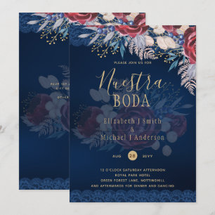 Nuestra Boda Burgundy Blue Floral Lace INVITATION