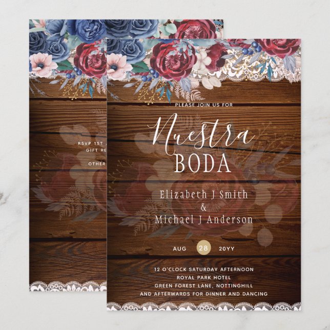 Nuestra Boda Burgundy Blue Floral Lace INVITE Einladung (Vorne/Hinten)