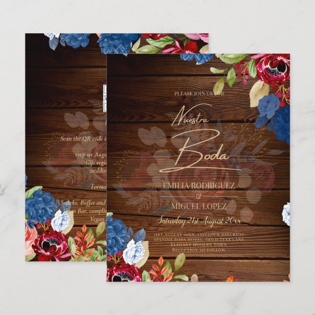 NUESTRA BODA Burgundy Blue Floral Wedding INVITE (Vorne/Hinten)