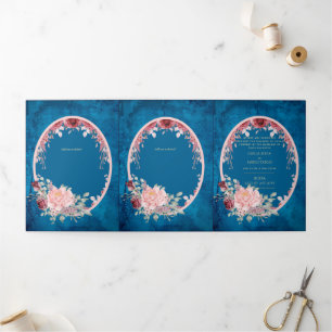 Nuestra Boda Burgundy Blue Floral Wedite Dreifach Gefaltete Einladung