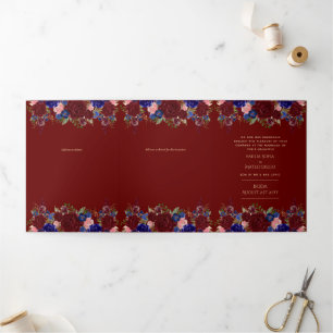 Nuestra Boda Burgundy Blue Floral Wedite Dreifach Gefaltete Einladung
