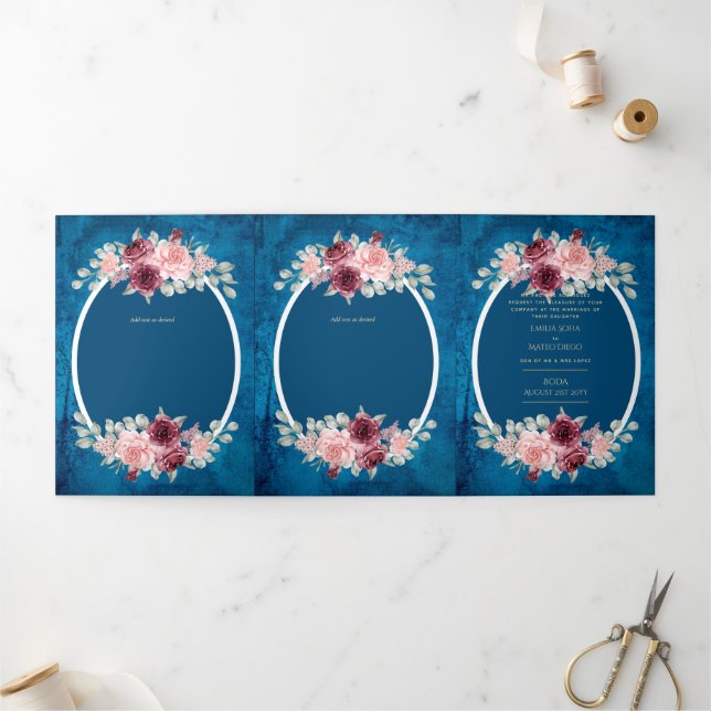 Nuestra Boda Burgundy Blue Floral Wedite Dreifach Gefaltete Einladung (Außenbereich)
