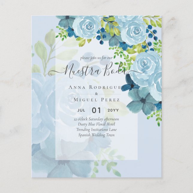 NUESTRA BODA Dusty Blue Floral BUDGET Flyer (Vorne)