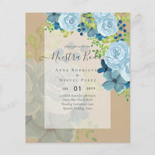 NUESTRA BODA Dusty Blue Floral BUDGET Flyer (Vorne)