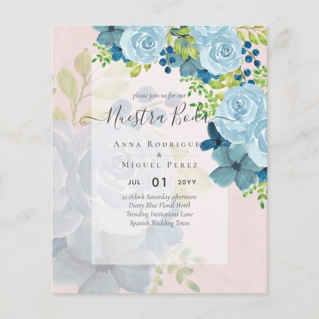 NUESTRA BODA Dusty Blue Floral BUDGET Flyer (Vorne)