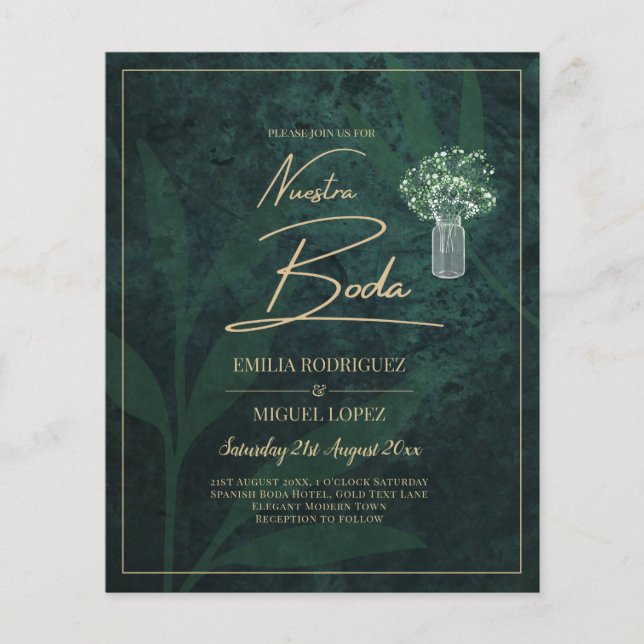 NUESTRA BODA Emerald Green Gold Gypsophila INVITE Flyer (Vorne)