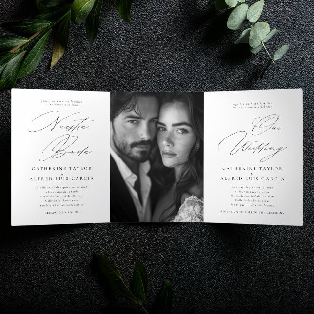 Nuestra Boda English Spanish Bilingual Wedding Dreifach Gefaltete Einladung (Von Creator hochgeladen)