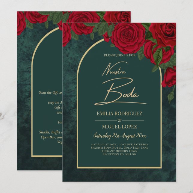 NUESTRA BODA Green Gold Rote Rosen WinterEINLADUNG Einladung (Vorne/Hinten)