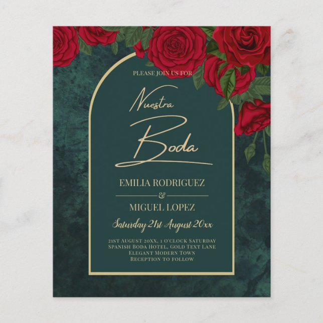 NUESTRA BODA Green Gold Rote Rosen WinterEINLADUNG Flyer (Vorne)