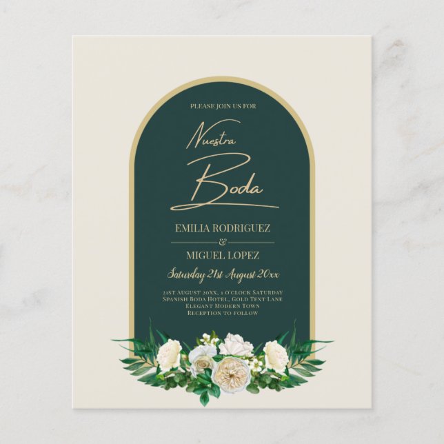 NUESTRA BODA Green Gold White Roses Winter INVITE (Vorderseite)
