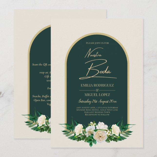 NUESTRA BODA Green Gold White Roses Winter INVITE Einladung (Vorne/Hinten)
