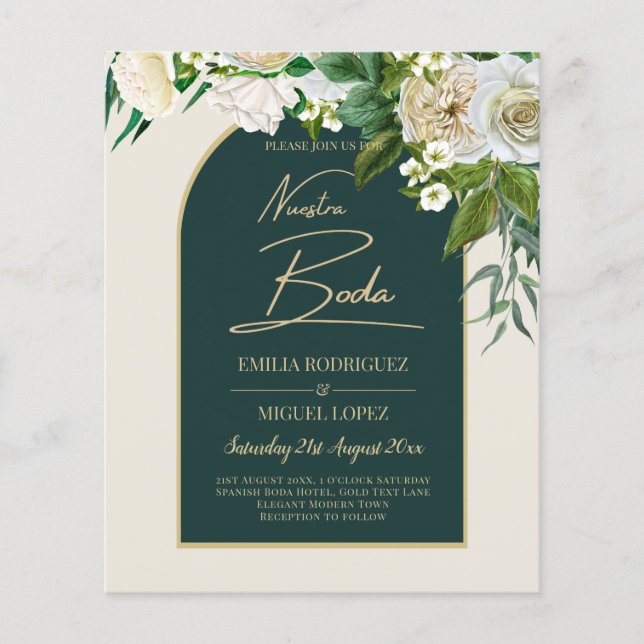 NUESTRA BODA Green Gold White Roses Winter INVITE Flyer (Vorne)