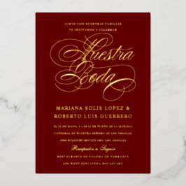 Nuestra Boda Maroon Gold Folieneinladung