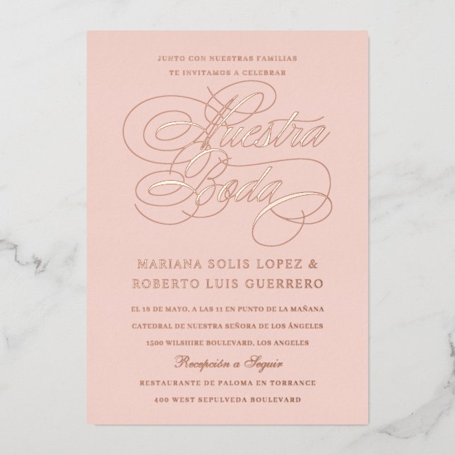 Nuestra Boda Rose Gold Folieneinladung (Vorderseite)