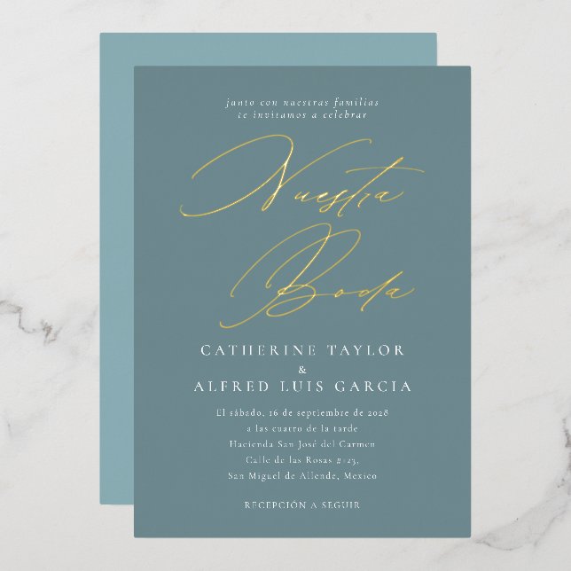 Nuestra Boda Spanish Language Blue Script Wedding Folieneinladung (Vorderseite/Rückseite)
