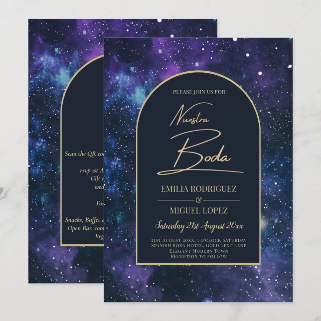 NUESTRA BODA Starry Night Lila Blue INVITE Einladung (Vorne/Hinten)