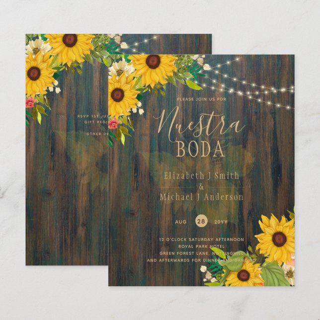 NUESTRA BODA Sunflowers Rustic Wood Wedite Einladu (Vorne/Hinten)