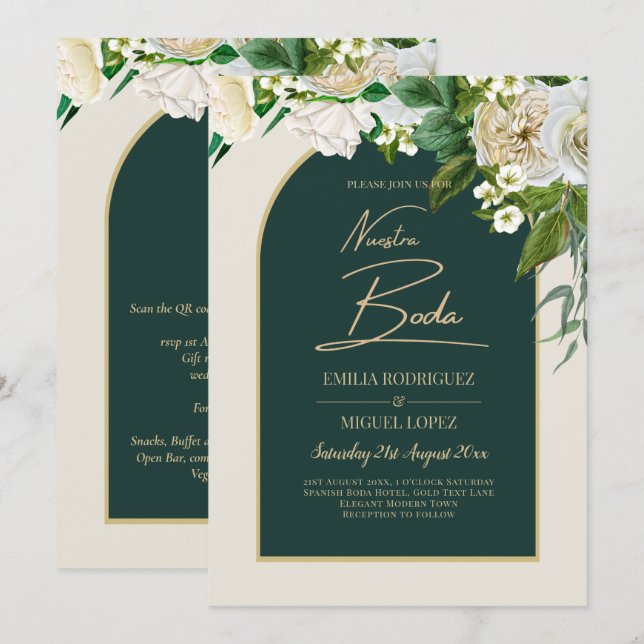 NUESTRA BODA Vert Or Blanc Roses INVITATION d'hive (Devant / Derrière)