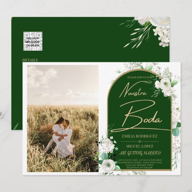 NUESTRA BODA White Roses Spanisches Foto lädt ein Einladung (Vorne/Hinten)