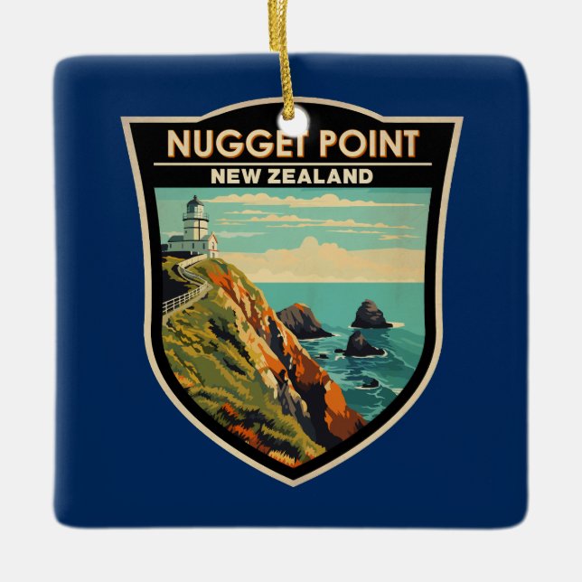 Nugget Point Lighthouse Neuseeland Reisen Vintag Keramikornament (Vorderseite)