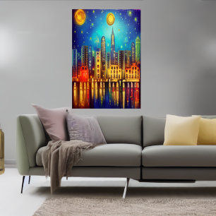 Nuit en ville au bord du lac   AI Art Poster